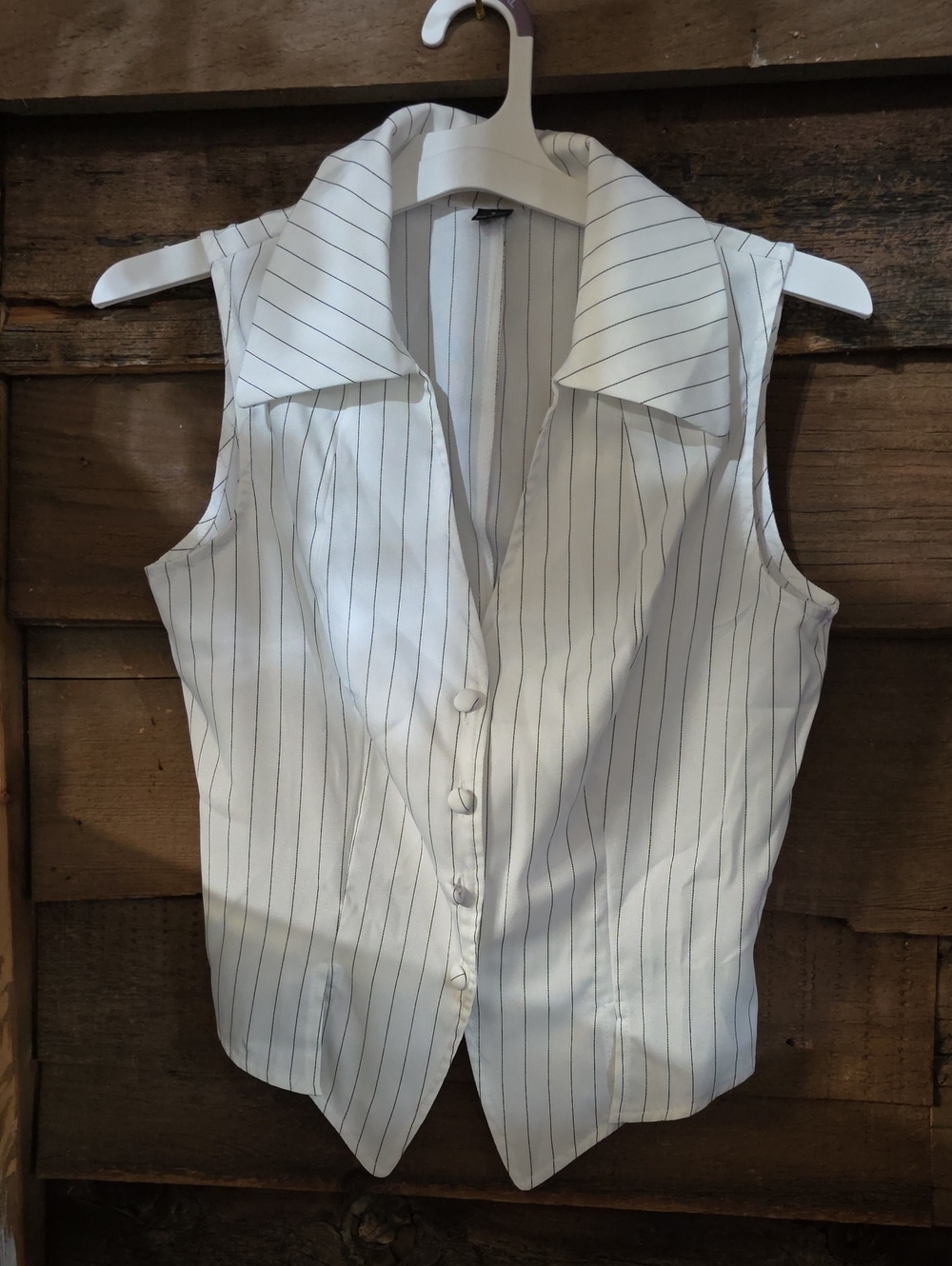 Women's White Pinstripe Sleeveless Button Vest